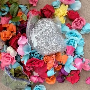 Assorted Colorful Flowers, Roses, Silver Faux Vines, and Moss